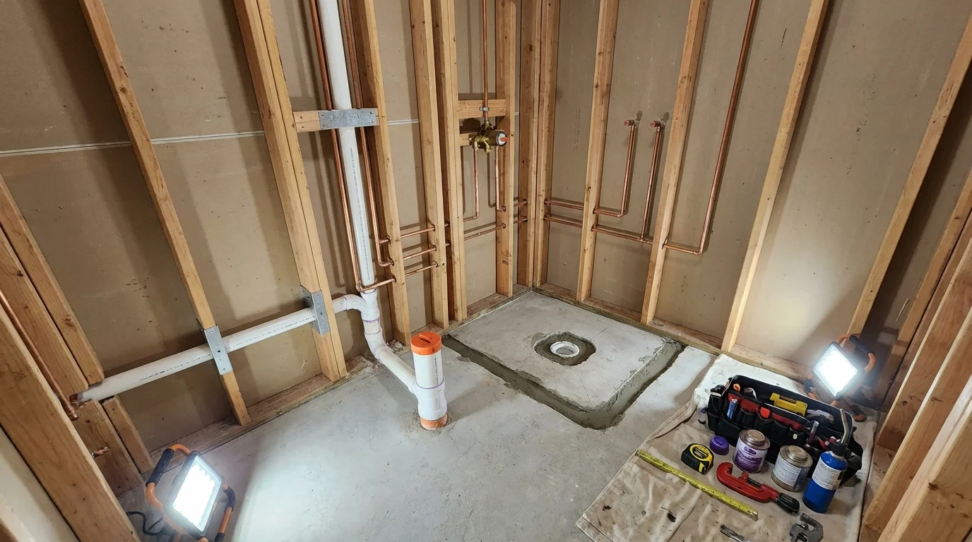 Bathroom rough-in plumbing during remodel by Johns Plumbing LLC in Manhattan