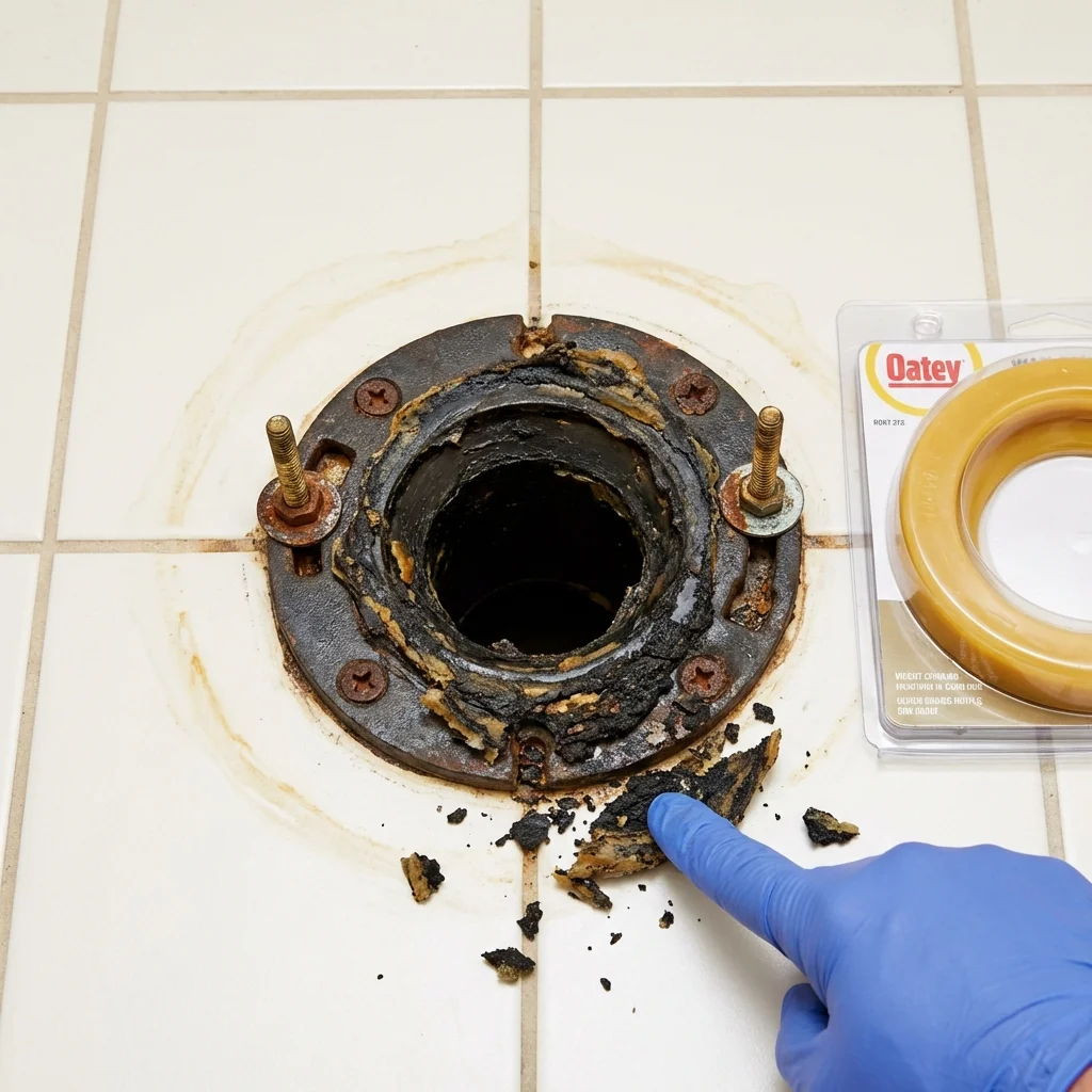 Failed wax ring showing water seepage at the base of a toilet in a Manhattan, IL home