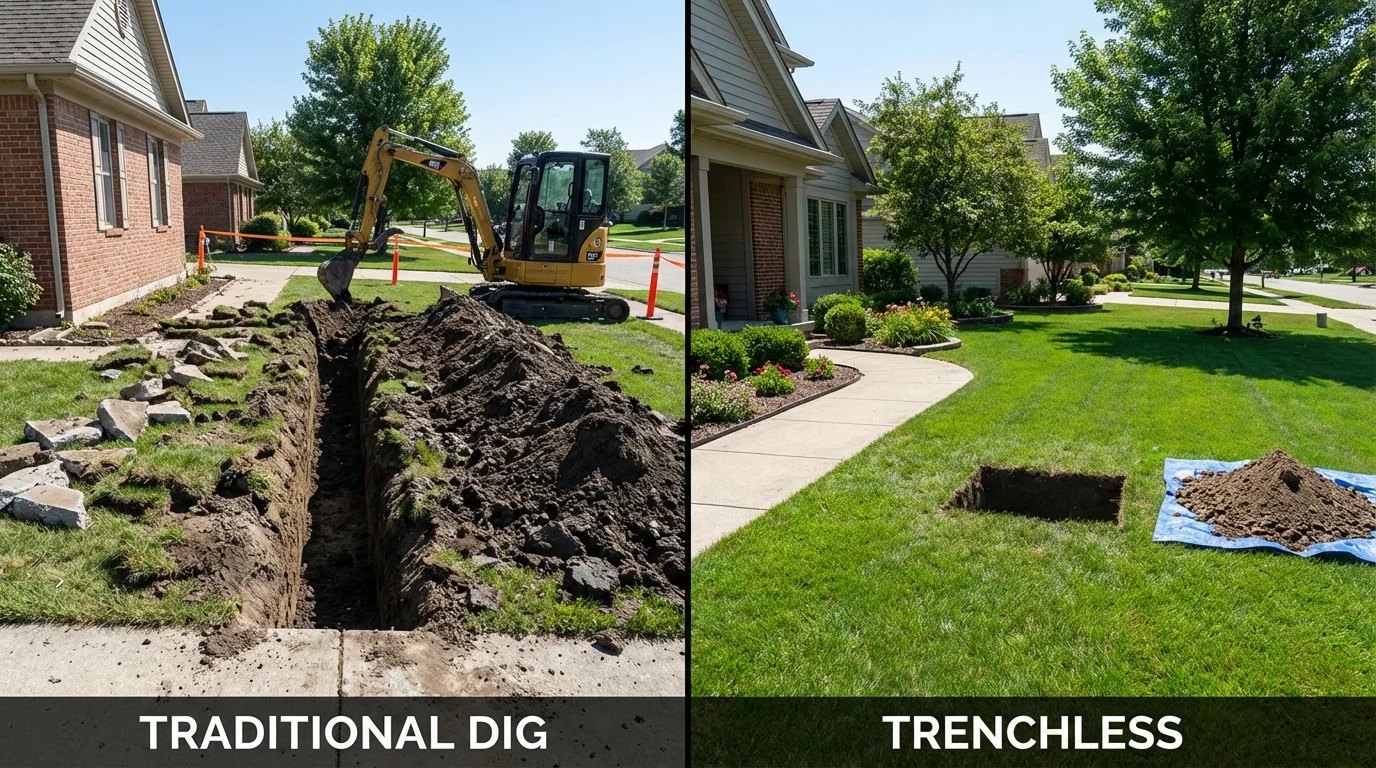 Trenchless sewer repair with minimal yard damage versus traditional excavation in Manhattan, IL